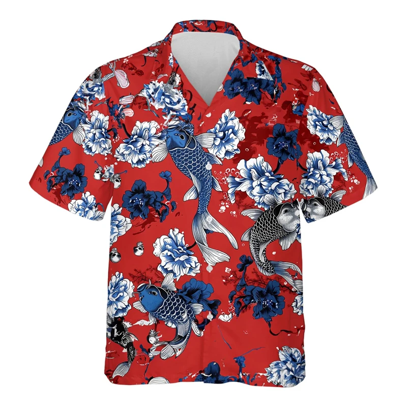 

3D Men's Floral Casual Social Summer Hawaiian Short Sleeve Shirt Street Koi Carp Luxury Blouse Outdoor Clothes Top Fit Camisa