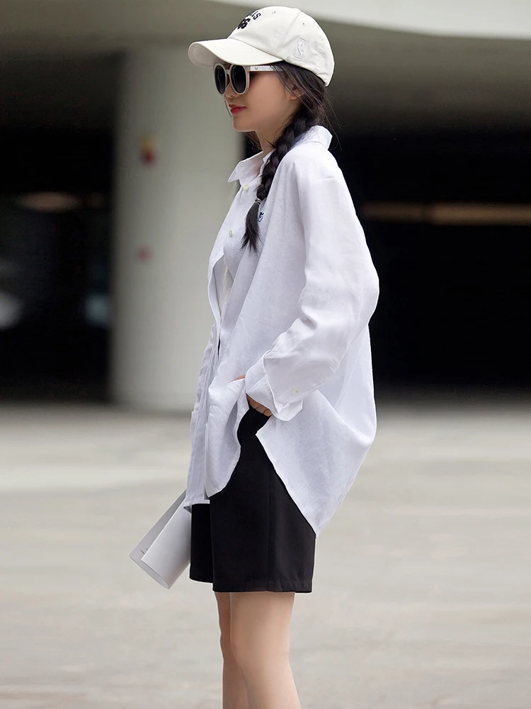 

Льняная блузка с длинным рукавом и вышивкой, повседневный женский топ с эффектом похудения, летняя новинка, белый цвет, универсальный стиль