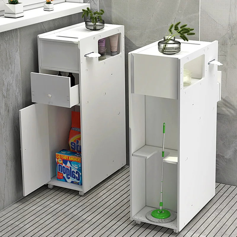 ‌Waterproof Bathroom Cabinet, Slim Toilet Side Storage, Mobile Narrow Gap Organizer, Freestanding Corner Shelf for Wet Room
