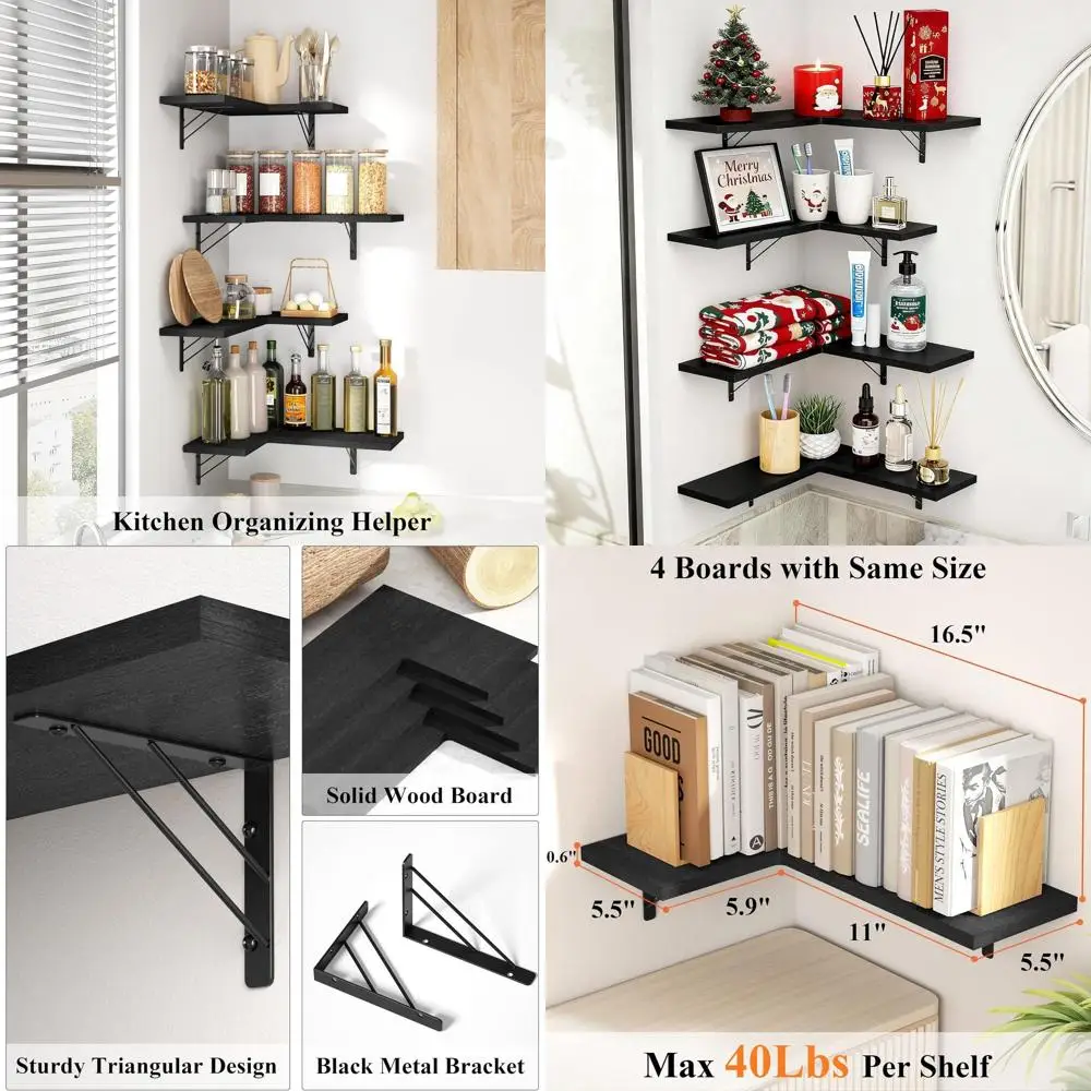 

Set of 4 Black Rustic Wall-Mounted Corner Shelves for Home Storage & Display
