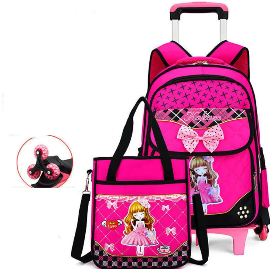 School Wheeled Backpack For Girls School Trolley Bag for girls with Handbag Children school Rolling backpack Satchel with Wheels