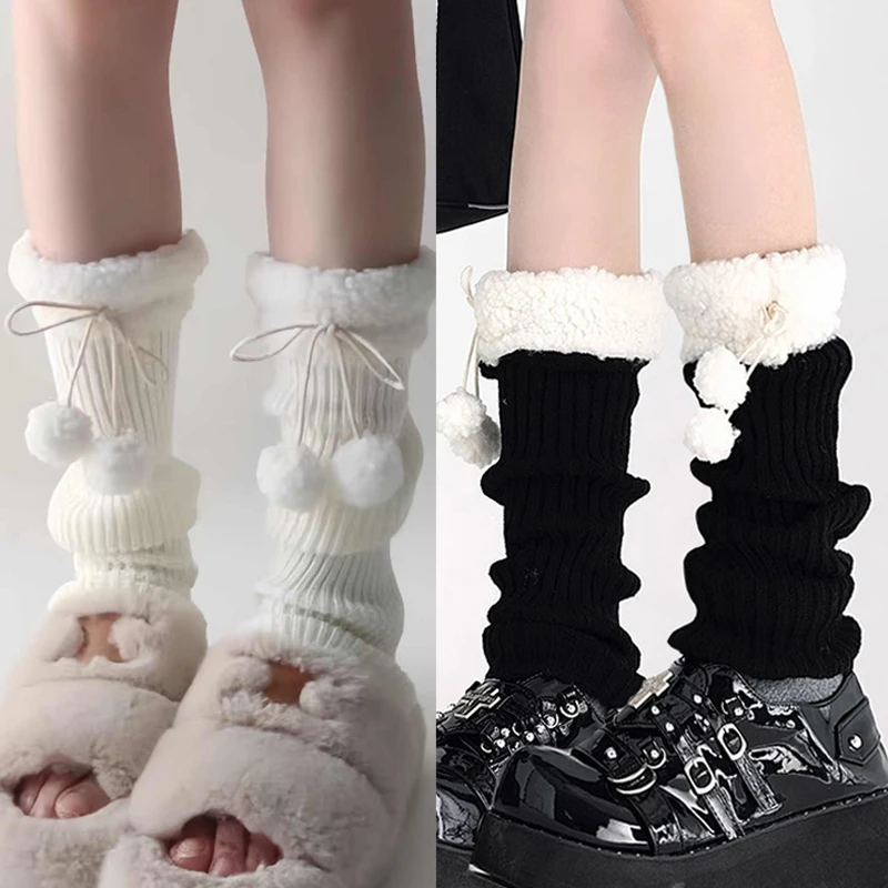 

Japanese Lamb Plush Knitted Socks for Women in Autumn and Winter Warm Splicing Step on Foot Wool Ball Pile Socks Leg Cover