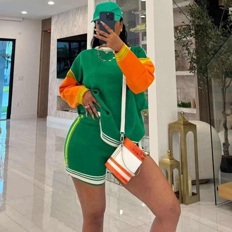 Doyerl rayé Patchwork ensembles courts pour femme deux pièces ensemble vêtements de sport décontracté à manches longues sweat haut et Short ensembles assortis