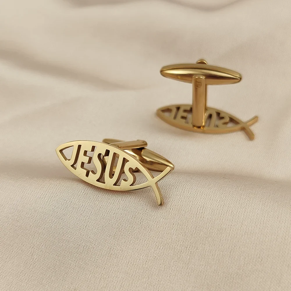 Man Cufflinks Stainless Steel Hollow Fish Jesus Letter Buttons Cufflinks for Shirt Gold Plated Religious Jewelry Gifts for Dad