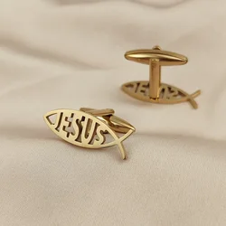 Man Cufflinks Stainless Steel Hollow Fish Jesus Letter Buttons Cufflinks for Shirt Gold Plated Religious Jewelry Gifts for Dad