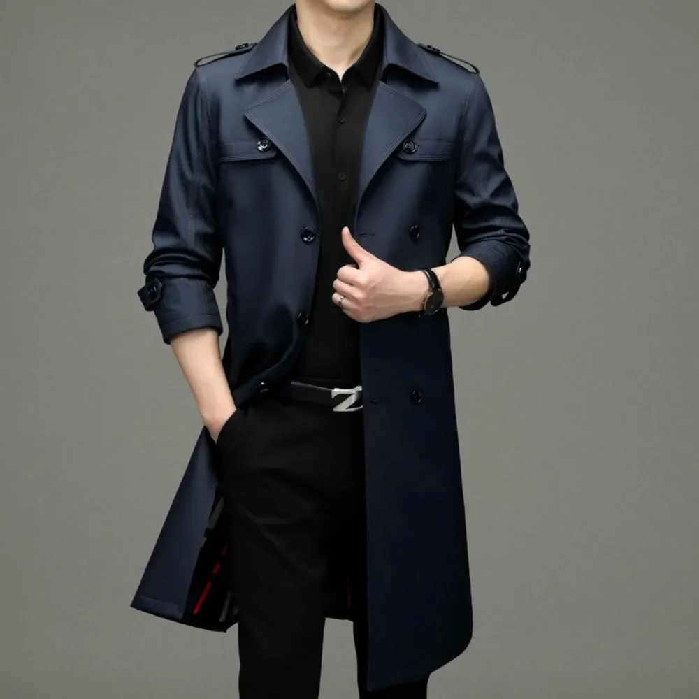 Men's non ironing knee length double breasted windbreaker coat, spring and autumn new long windbreaker