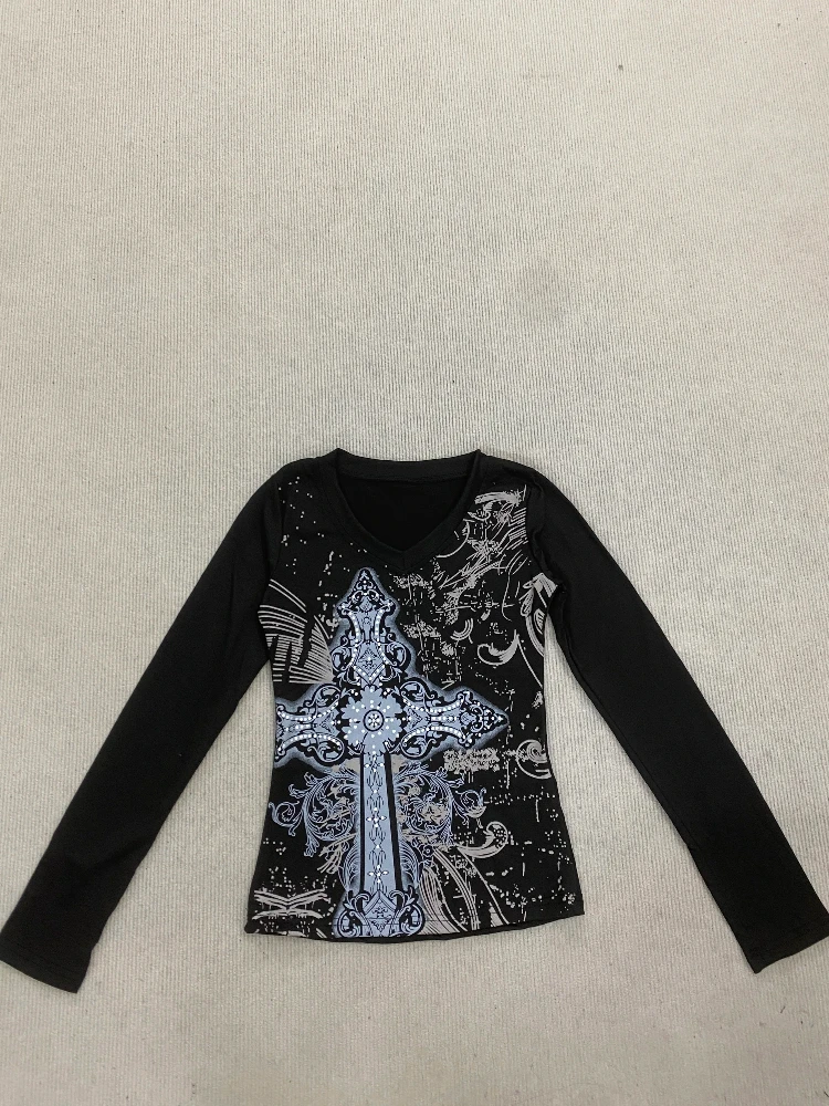 القوطية الأمريكية الجرونج سليم مثير خمر Harajuku الإبداعية طباعة القمم المتمردين ايمو فتاة شخصية الاتجاه كم طويل تي شيرت #6