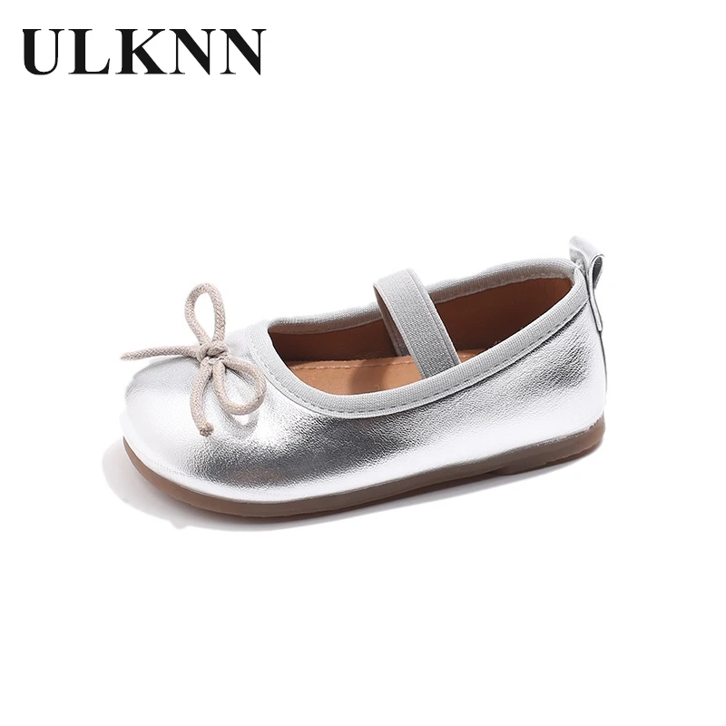 Children's Red Leather Shoes 2025 New Girls Soft Soled Shoes Bow Baby Non-slip Fashion Single Shoes Students Silver Light Flat