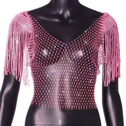 with Tassel Shawl Fishnet Glitter Top Mesh Rhinestone Rhinestone Fishnet Cover Ups Mesh Drill Vest Rhinestone Fishnet Tops