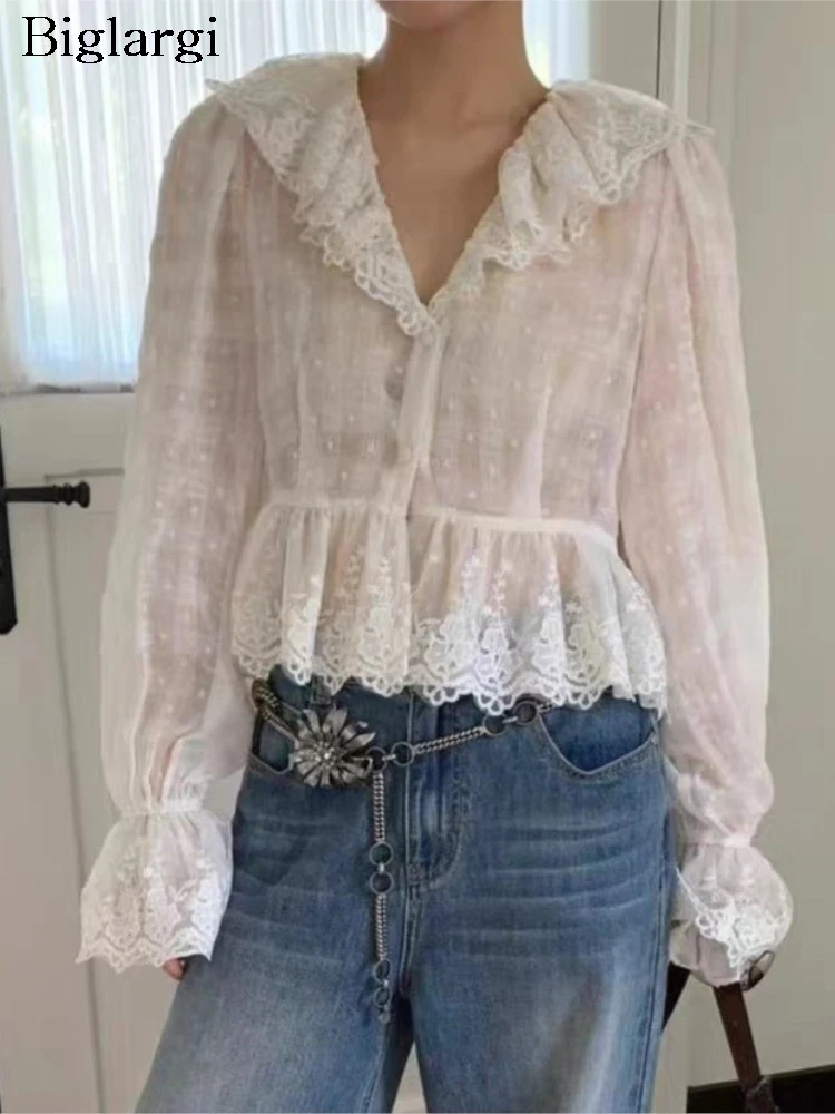 

Женские весенние блузки с вышивкой, кружевом и пэчворком, модные полупрозрачные укороченные блузки в корейском стиле, женская рубашка с длинным рукавом