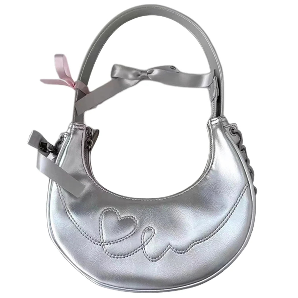 

Женская сумка-хобо из искусственной кожи серебристого цвета с бантом в форме полумесяца, сумка подмышки, повседневная сумка-клатч на молнии, большая вместимость для путешествий на открытом воздухе