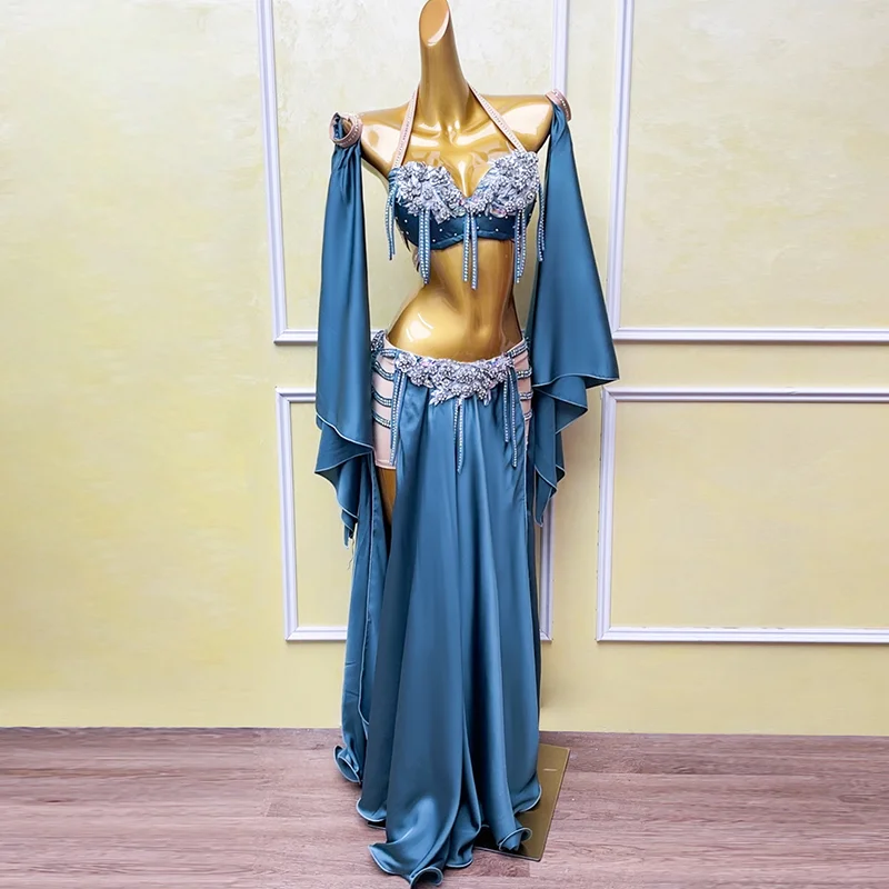 Costume de compétition professionnelle de danse du ventre orientale pour femmes, soutien-gorge + jupe + manches, 3 pièces, vêtements de Performance de danse du ventre pour adultes