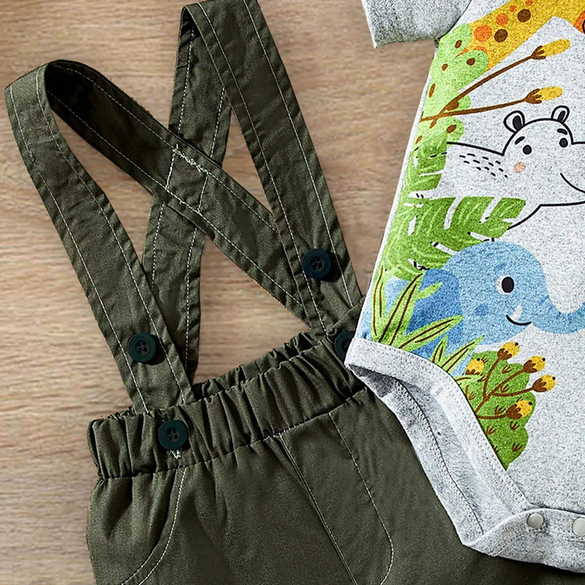 hibobi Summer 2-Piece Set Short Sleeve Cartoon Animal Pattern Gentleman\'s Lapel Romper And Bib Overall Baby Clothing Sets