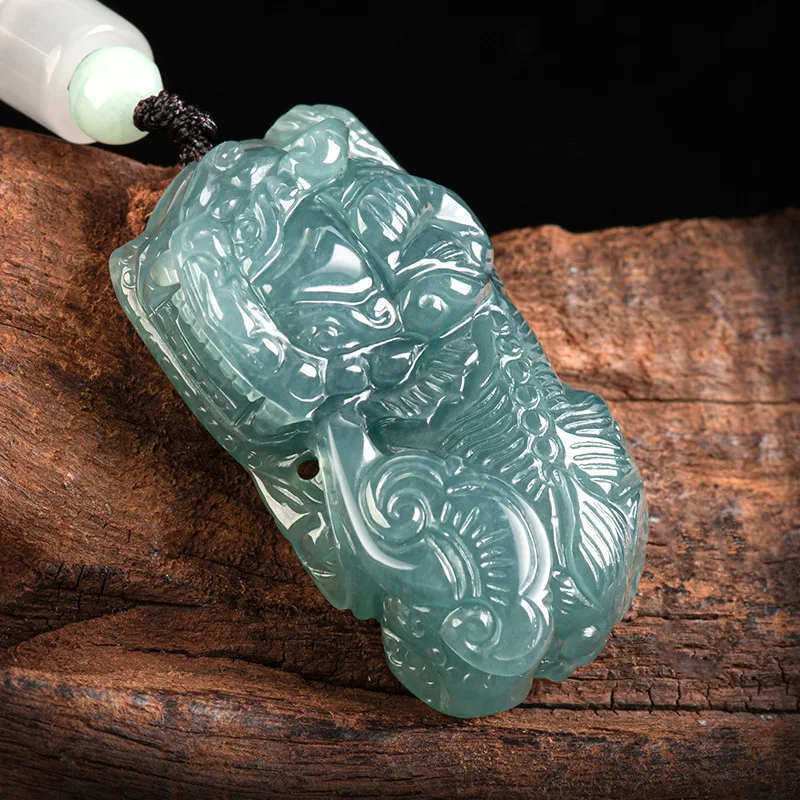 Natural A-grade Jade Blue Water Ruyi Overlord Pixiu Pendant Ice Seed Jadeite Wealth Attracting Piqiu Men's Charm Women's Jewelry