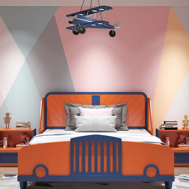 New Design Orange Color Race Car Bed Children Furniture Sets Bedroom Modern Solid Wood Single Bed Kids Wooden Furniture Sets