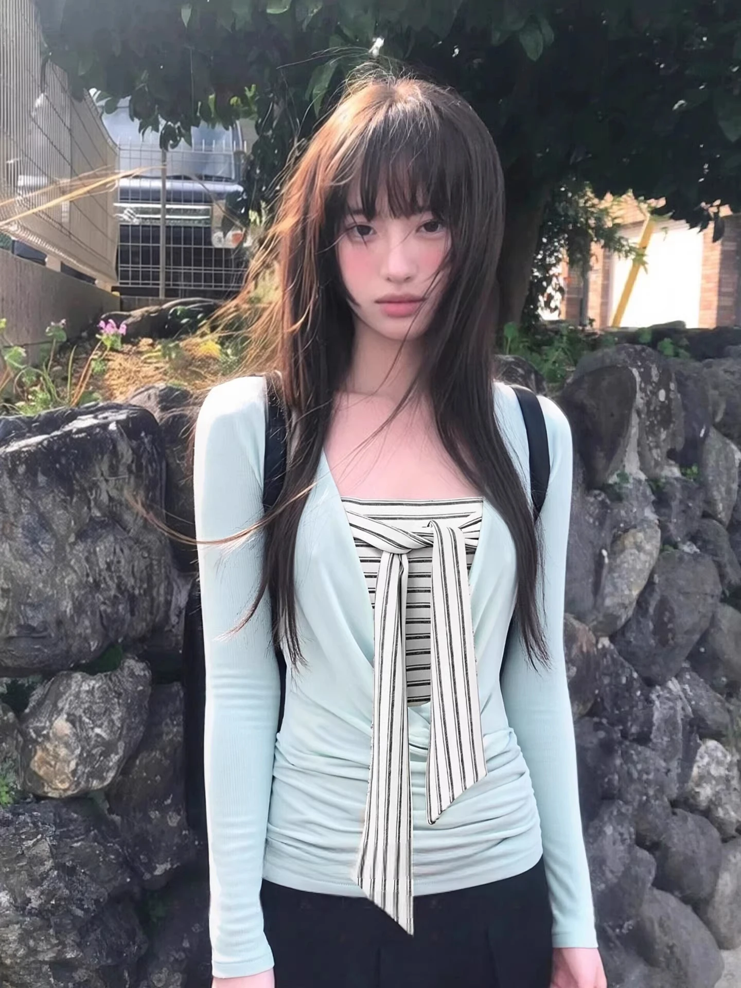 Blue Striped Long Sleeve Women's Top Korean Style Slimming Wrap Vest Spring Fashion Casual Wear V-Neck Two-Piece Set