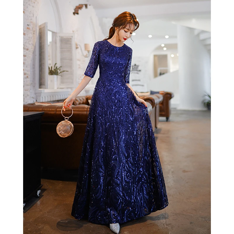 Royal Blue Long Formal Dresses For Women Elegant O-neck Sparkly Sequin Evening Dresses