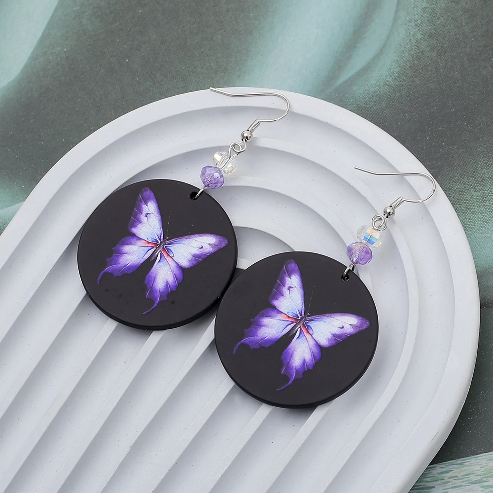 

Fashion Round Black Acrylic Print Purple Butterfly Earrings For Women Vintage Style Lightness Jewelry Paired With Shiny Glass