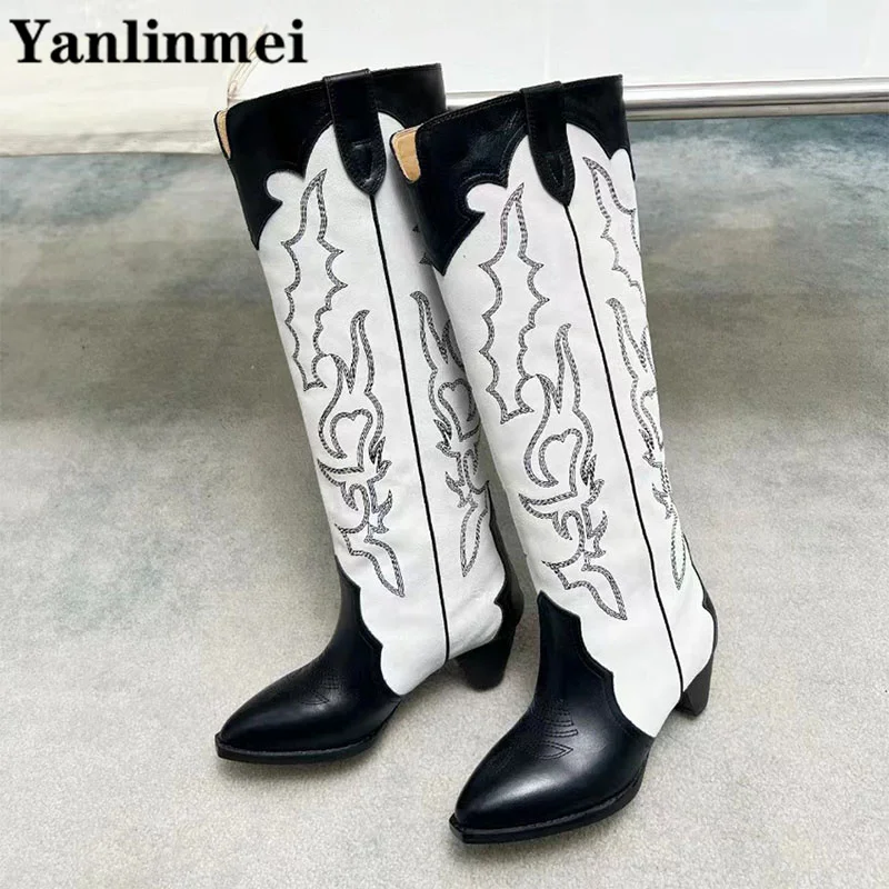 New Nubuck Leather Knee High Boots Women Pointed Toe Long Boots Spike Heels Runway Shoes Embroidery Western Cowboy Boots Woman