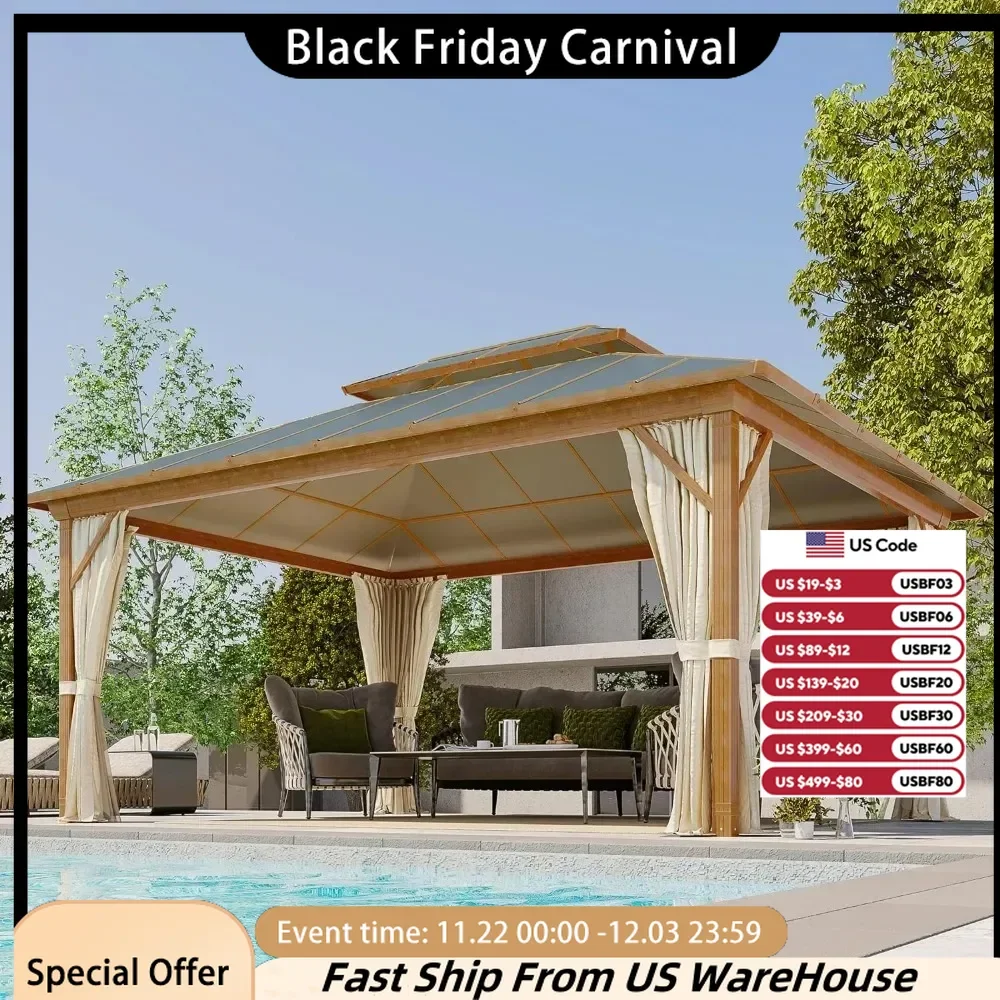 12x16FT Hardtop Gazebo, Coated Aluminum Patio Gazebo with Aluminum Composite Double Roof, Curtains and Netting Included, Canopy