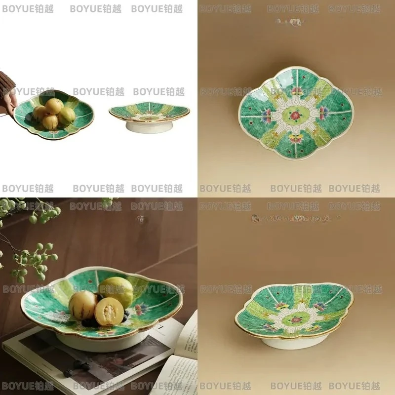 Chinese Style Ceramic Fruit Plate Hand Painted Floral Tray Luxury Living Room Home Decor High Footed Ornament Dish
