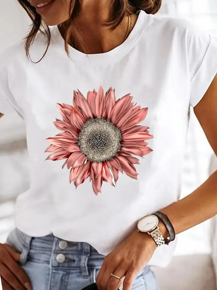 Fashion Short Sleeve Casual T-shirts Clothes Women Female Watercolor Make Up Flower Summer Clothing Ladies Print Graphic Y2k Tee