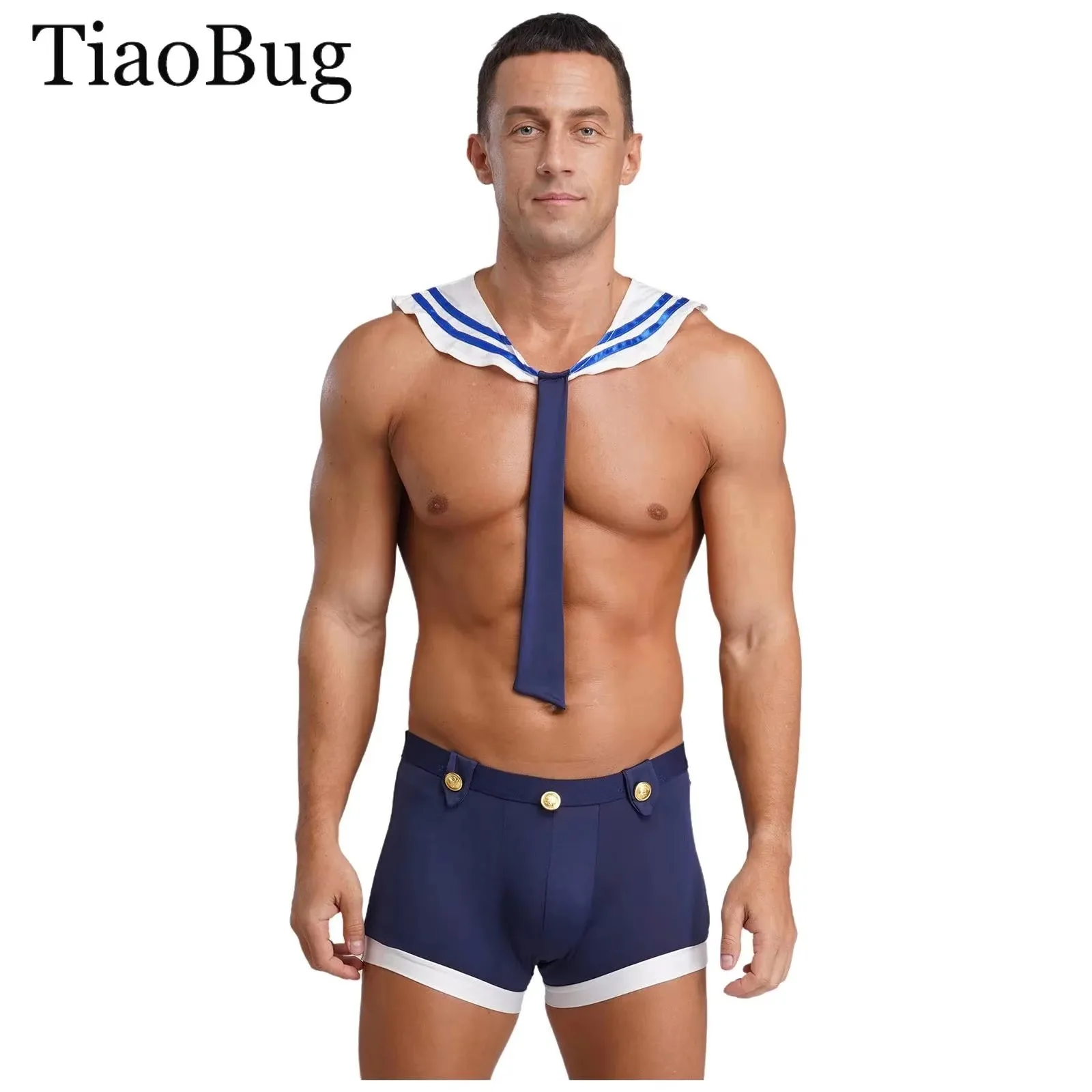 

Men Sailor Cosplay Costume Collar with Necktie Bulge Pouch Boxer Shorts Xmas Halloween Adult Navy Sailor Captain Suit Uniforms