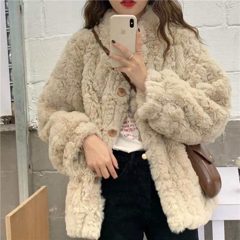 Faux Rabbit Fur Plush Coat Women's Winter Short Thickened Warm Fur Jacket Korean Loose Stand Collar Lambhair Overcoat