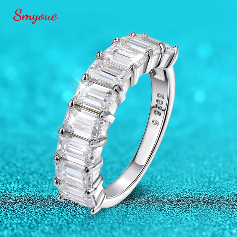 Smyoue Each 3*5mm 0.5CT Emerald Cut Moissanite Ring for Women 1/2 Eternity Bands Lab Diamond Jewelry Pure 925 Silver Ring GRA