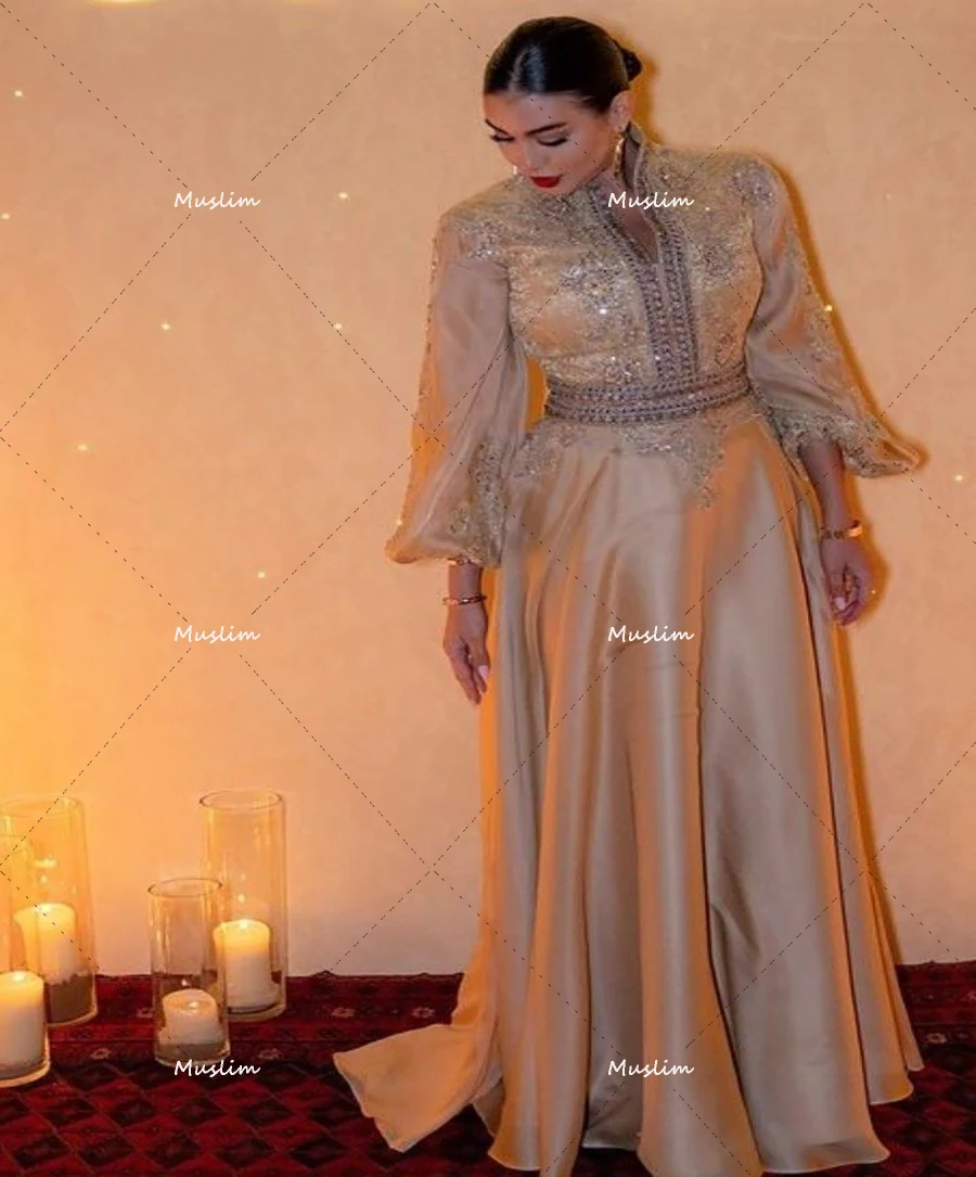 Luxo dourado árabe vestido de noite manga longa uma linha frisado formal vestidos de baile ocasião especial senhoras festa turquia customzied