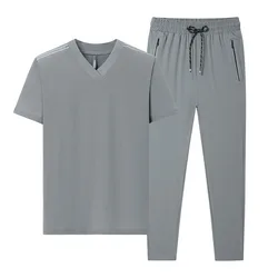 Men's 2024 New Ice Silk Sports and Casual Set, Men's Summer Breathable Thin Short sleeved T-shirt/Pants Two Piece Set