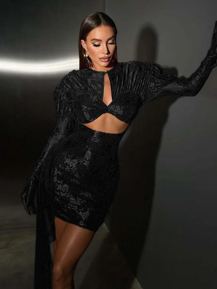 مثير المرأة الدانتيل ثنيات Bodycon فستان قصير قفازات سوداء طويلة الأكمام س الرقبة قطع الدانتيل فستان زهري المغني احتفال فستان النادي