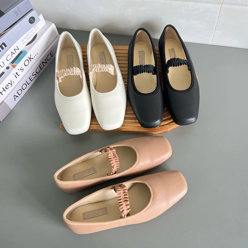 

Dave&di Minimalist French Square Toe Flat Sole Single Shoes Woman Retro Ballet Mary Jane Women's Black Pleated Belt Leather Shoe