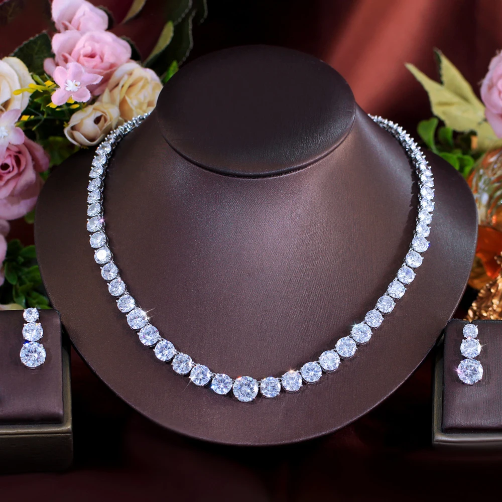 CWWZircons Prachtvolle Glänzende CZ Mode Braut Runde Halskette Ohrringe Sets für Frauen Hochzeit Abend Party Schmuck Großhandel T0997 – Detail 7
