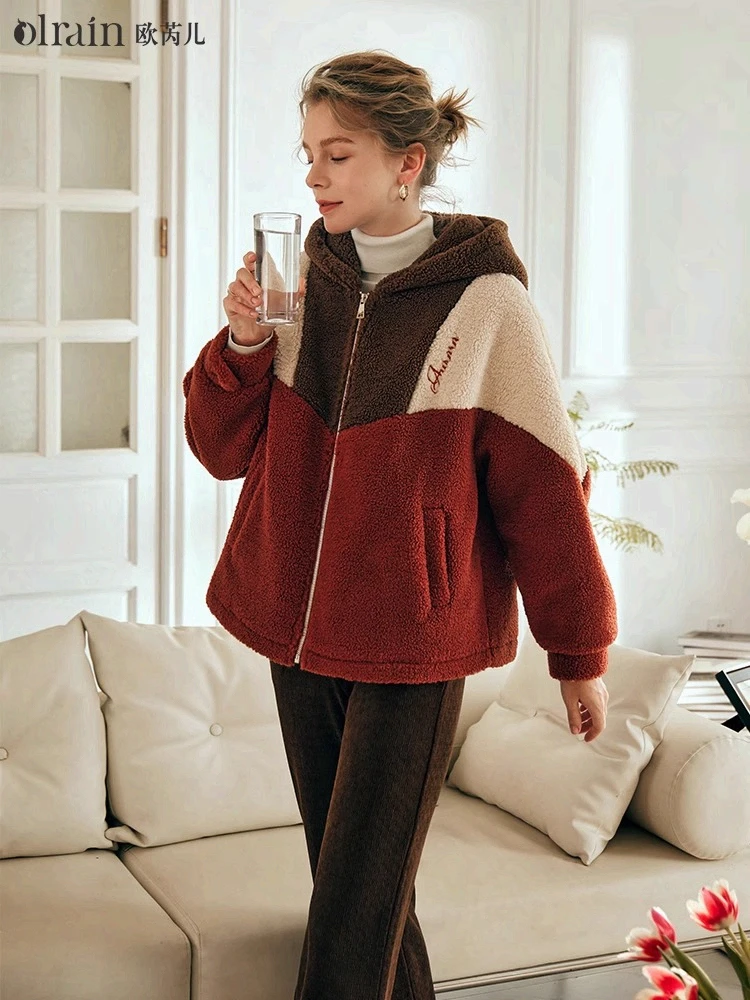 

OLrain Quilted Hooded Jacket Women Loose Fit Sherpa Tops 2025 Winter Warm Zipper Patchwork Coats Women's Clothing G23DN86110