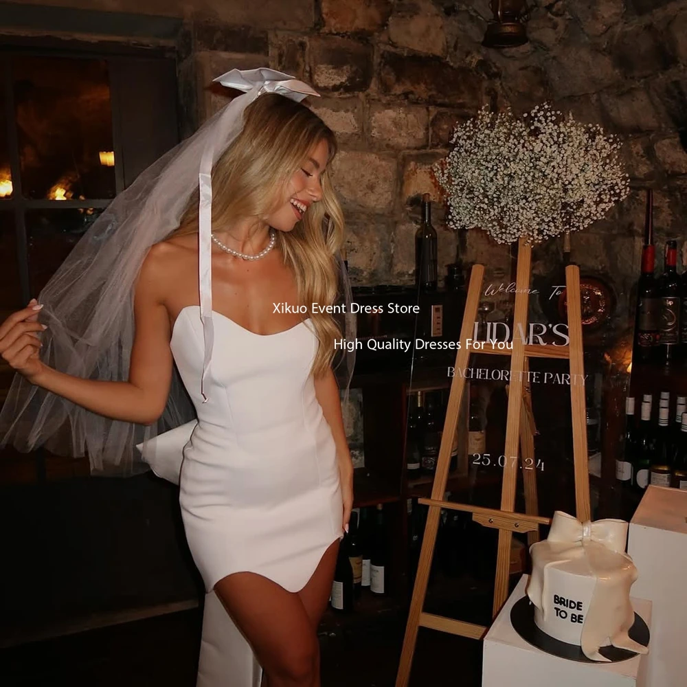 Xikuo простые короткие атласные свадебные платья для женщин без бретелек мини-свадебные платья с бантом сексуальное свадебное платье без рукавов по индивидуальному заказу