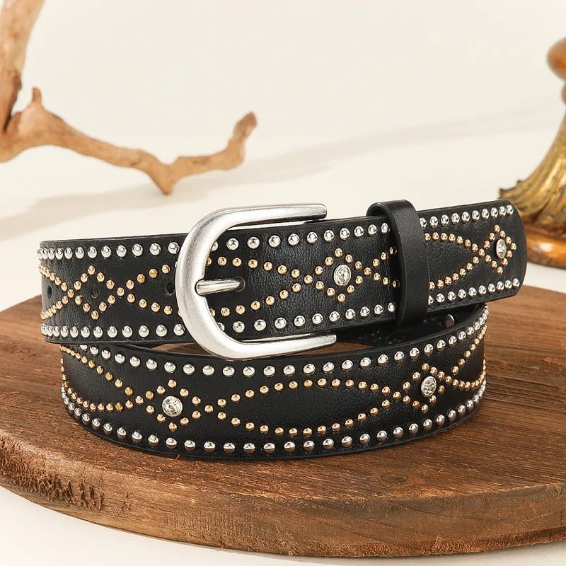 Bohemian Punk Rivet Studded Wide Belt Waistband Retro Arc Shaped Leather Belt For Women Men