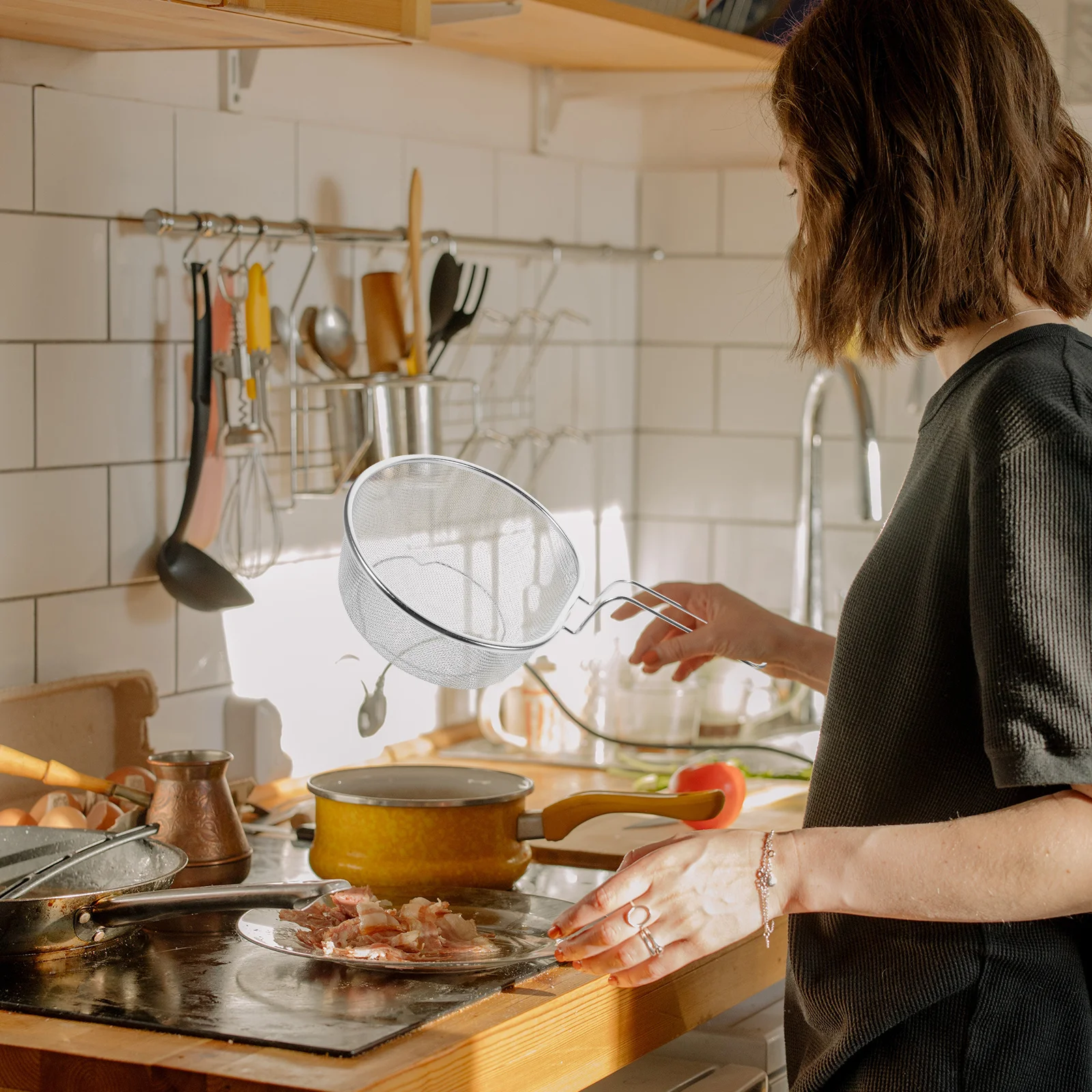 

Hot Pot Mesh Basket Stainless Steel Filter Noodle Pasta Strainer Long Handle Scoop Cooking Colander Spoon Strainer