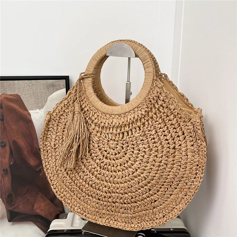 

Круглая соломенная сумка в новом богемном стиле с кисточками, летняя сумка через плечо, пляжная сумка для отпуска, повседневная универсальная сумка-хобо на плечо
