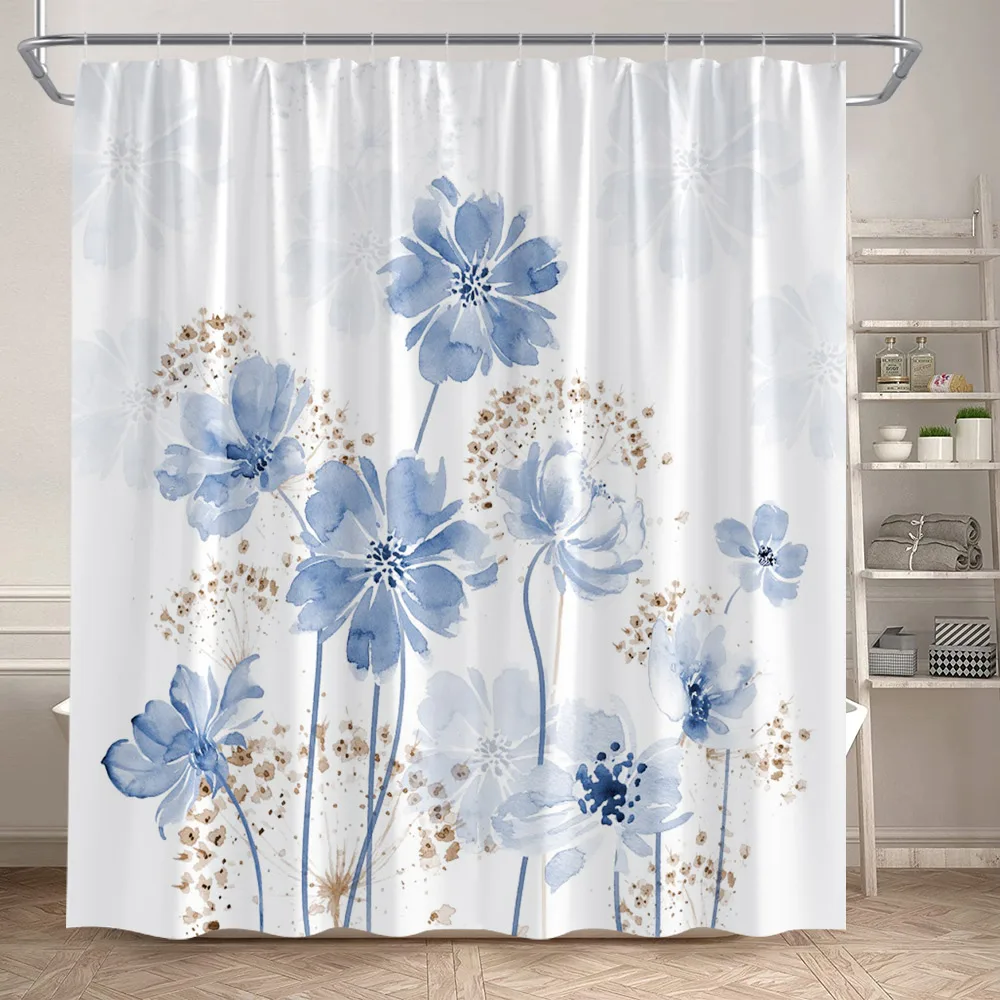 Blue Floral Shower Curtain Watercolour Plants Flowers Dandelion Modern Simple Bathroom Curtains Set Polyester Fabric Home Decor