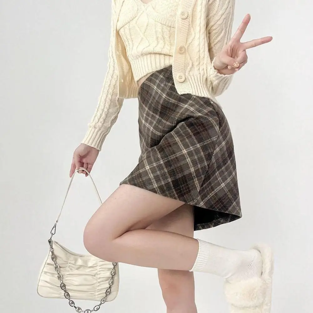 

High Waist Retro Plaid Skirt Winter Autumn Slim Fit High Waist Long Skirt Classical Preppy Style A-line Half Dress Girls