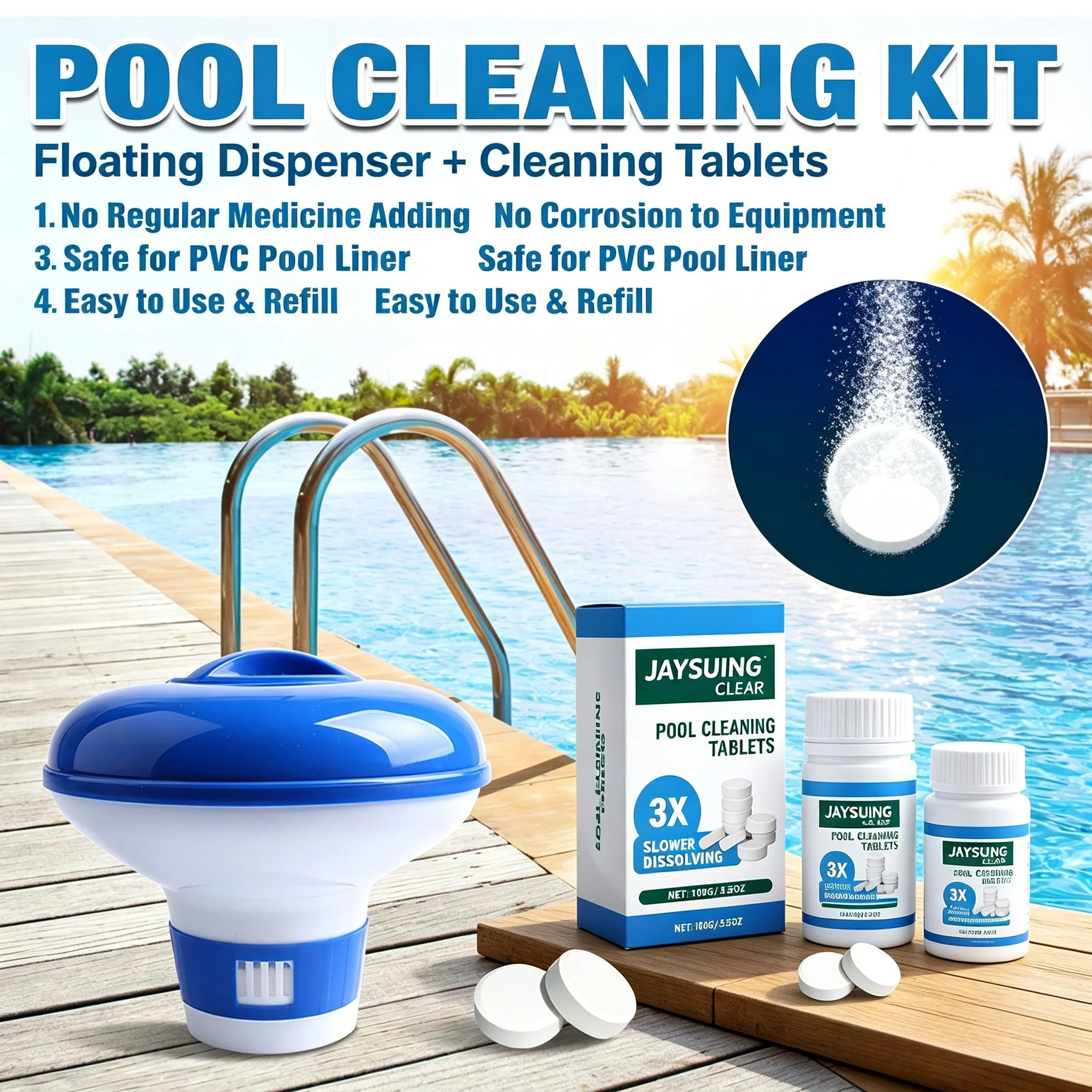 Jaysuing Slow Release Water Purifier Algae Inhibitor Odor Neutralize Device for Backyard Pool Outdoor Spa Chlorine Disinfect Kit