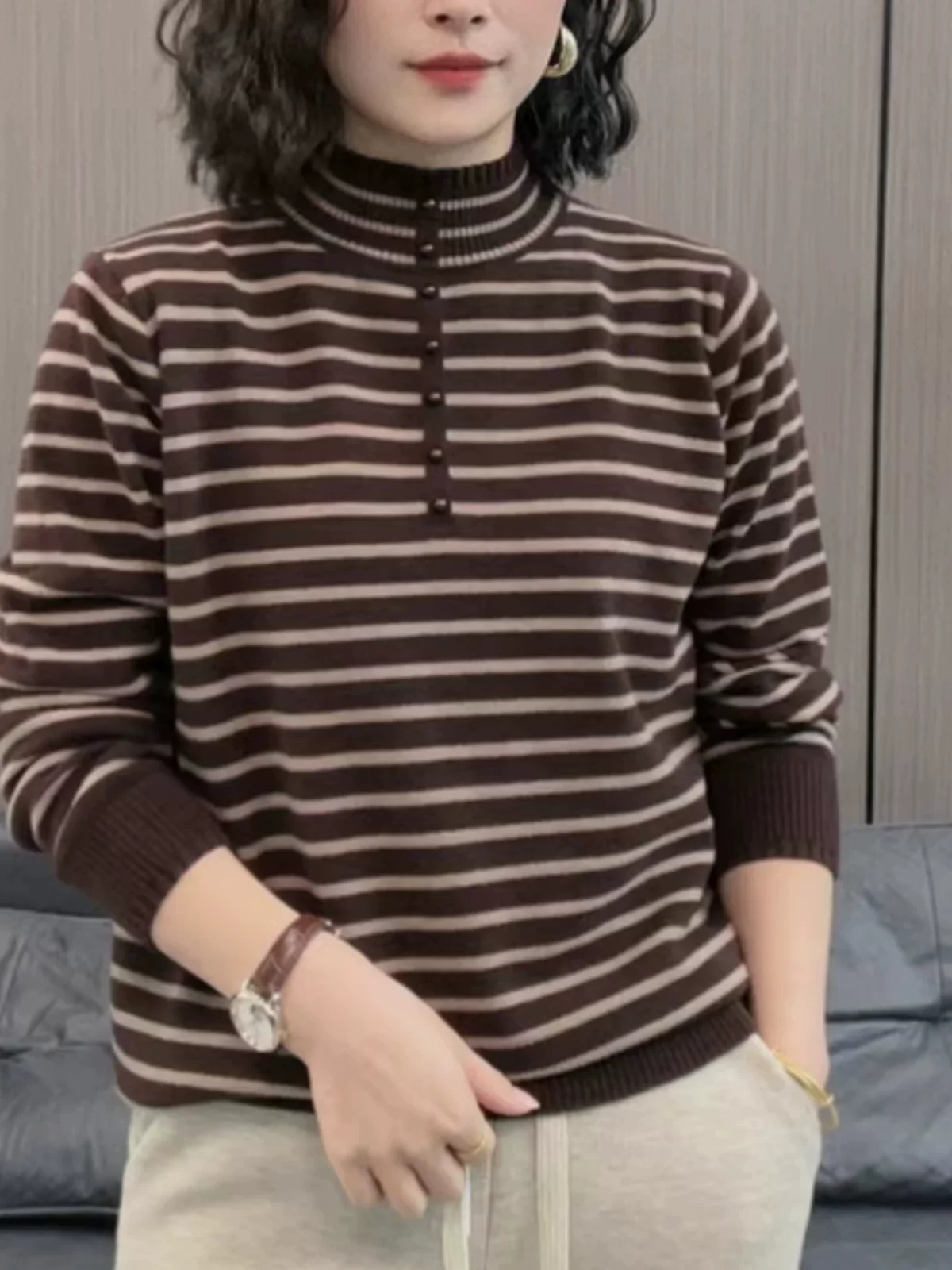 Thiened Warm Classic Bla White Stripes f Maglione lavorato a maglia a collo alto Autunno Inverno plus Size Base dimagrante da donna...