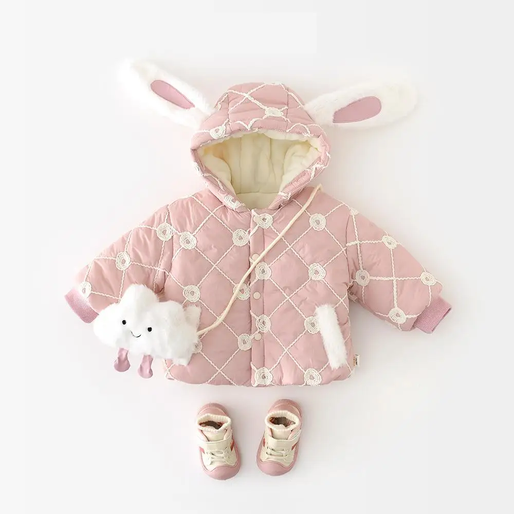 

2025 Winter New Baby Girl Cotton Padded Jacket Plus Velvet Thick Girls Cute Rabbit Ears Hooded Coat Infant Toddler Warm Clothes