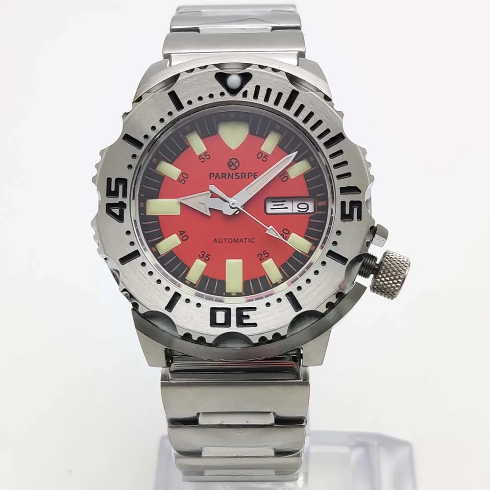 Relógio mecânico automático de safira masculino, caixa de aço inoxidável à prova d'água de alta qualidade, mostrador asséptico vermelho, relógio elegante