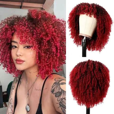Red Ombre Curly Synthetic Wig with Bangs Short Kinky Curly Afro Wigs for Women Cosplay Party Wigs Heat Resistant Fiber Dark Root