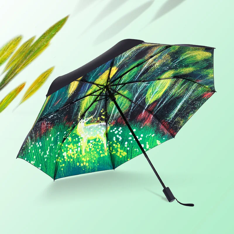 Fresh Green Forest Elk Shade Umbrella for Lady 8K 3 Folding Fashion Women Sakura UV Umbrellas Female Sun Guarda Chuva Paraguas