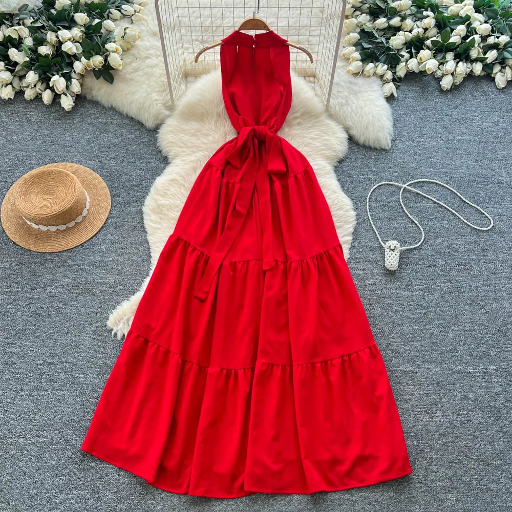 Elegancka, seksowna sukienka vintage z dekoltem halter, rozcięciem, marszczeniami, w stylu wróżki, długa sukienka na wakacje, damska sukienka boho, sukienka na ceremonię.