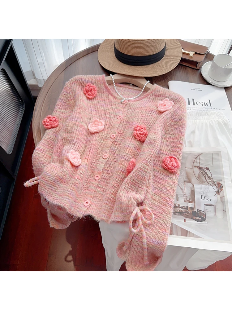 Autumn Winter Women Floral Cardigan Sweater O-Neck French Vintage Long Sleeve Knitwear Mohair Mori Girl Stylish Cute Core Tide