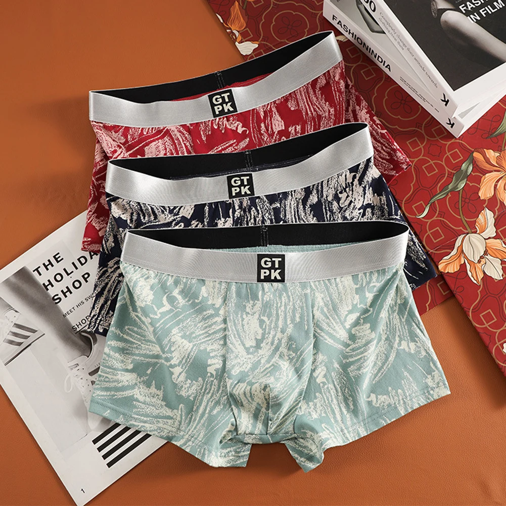 

Breathable Men's Boxer Shorts Retro Printed Mid Waist Underwear Trunks Cotton Spandex Blend Designed for Comfortable Sleepwear
